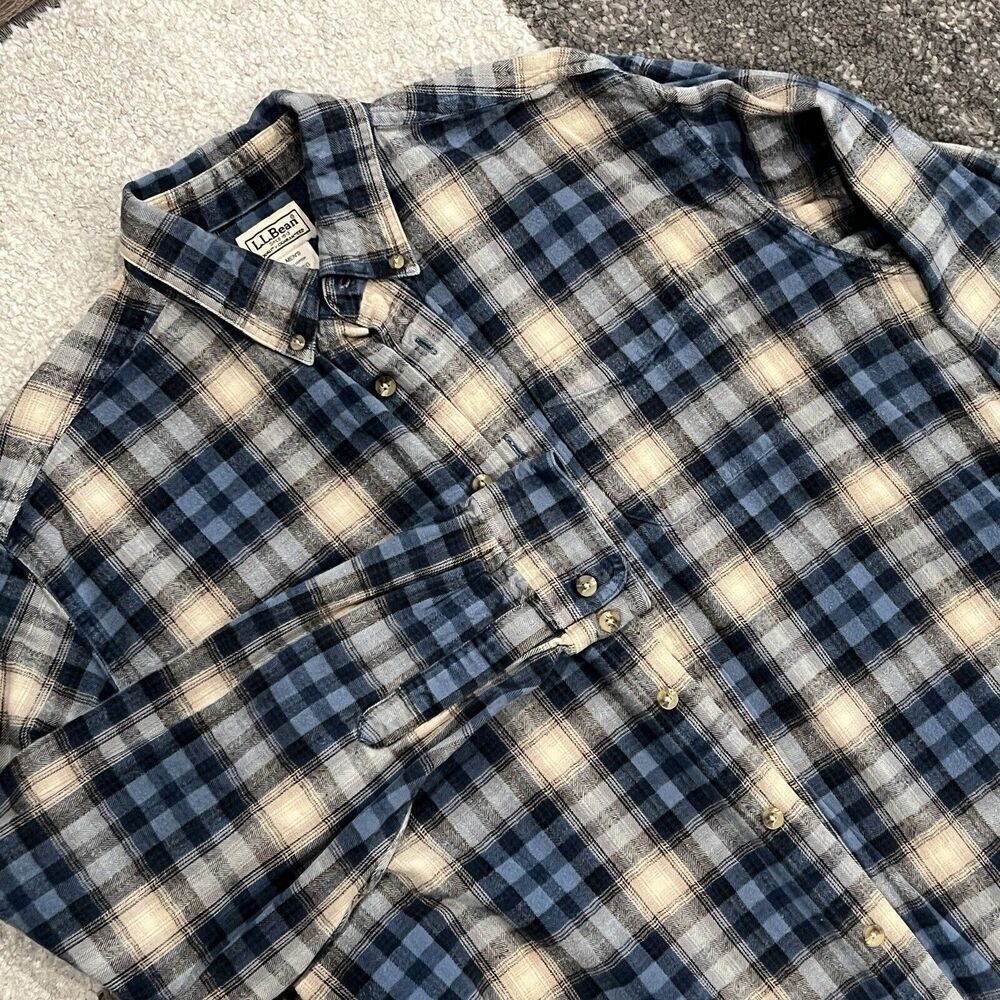 LL Bean Flannel Shirt Brushed Heavy Cotton Plaid Blue L Traditional Fit